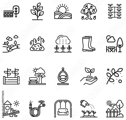 Collection of simple line representing gardening farming and outdoor leisure activities