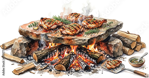 Campfire Grilled Meat: Rustic Barbecue Chops and Steaks Over Open Flames Illustration