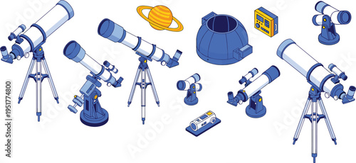 Cad drawing flat vector illustration of telescopes, astronomy equipment, observatory dome, binoculars, Saturn planet model, scientific exploration tools