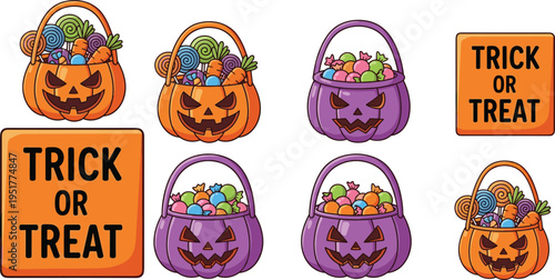 Halloween pumpkin candy buckets trick or treat festive spooky collection flat vector cad drawing illustration colorful holiday design set