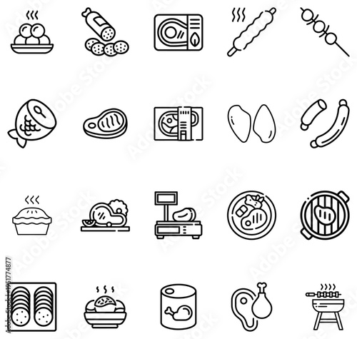 Meat and Food Collection Featuring Grilling Cooking and Serving Dishes