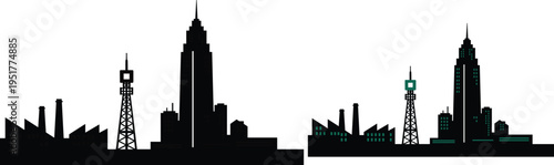 Industrial city skyline silhouette with skyscrapers factories towers modern urban landscape flat vector cad drawing illustration design black white minimal