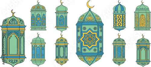 Islamic decorative lantern set Ramadan Kareem arabic ornament hanging lamps flat vector cad drawing illustration vintage elegant design collection