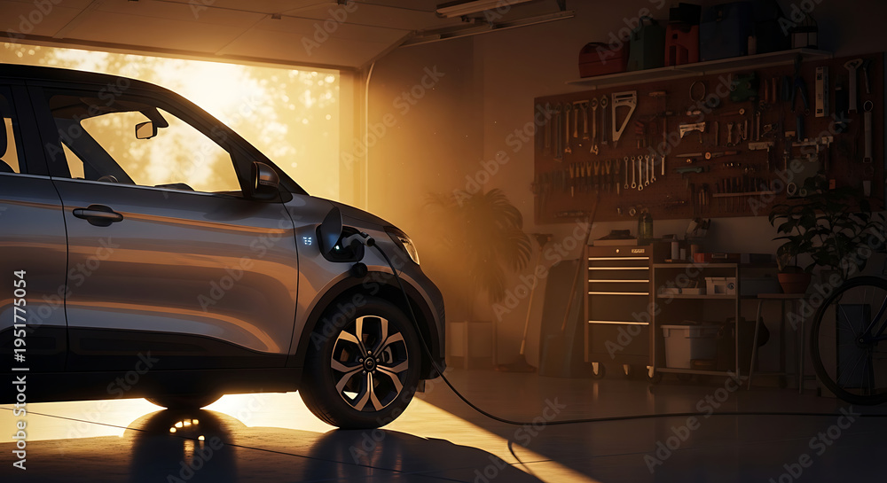 Fototapeta premium A silver electric car charging in a dimly lit garage with tools