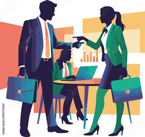 Modern Business Team Collaboration Illustration: Professionals Working in Office with Briefcases and Laptop