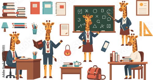 Cartoon Giraffe Teacher Classroom Illustration Set with School Elements, Education Characters, Blackboard Lessons, Students Studying and Learning Concept Collection Design