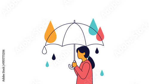 Young girl standing under a white umbrella while large colorful raindrops fall around her in a soft rain shower.