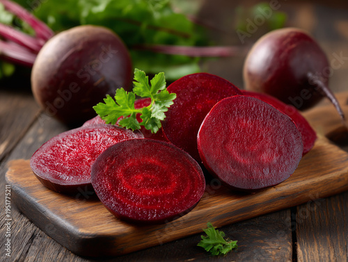Fresh beet root slices on wooden board