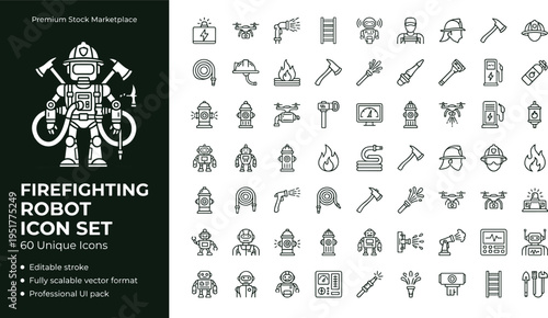 Firefighting robot icon set with emergency response automation technology symbols for mobile apps websites dashboards and digital platforms