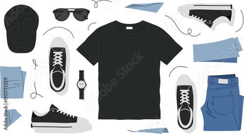 Casual Outfit Collection with Black T Shirt, Sneakers, Jeans, Cap, Sunglasses and Accessories, Modern Streetwear Fashion Set for Apparel Design Illustration