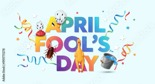 Colorful april fool's day celebration graphic with confetti and prank elements on light blue background