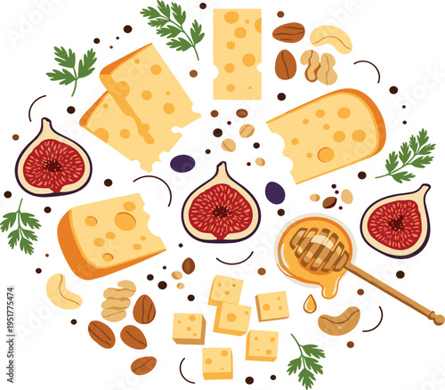 Cheese and Fig Illustration Set with Honey Drizzle, Nuts, Herbs and Gourmet Ingredients, Artisan Food Collection for Appetizer and Culinary Design