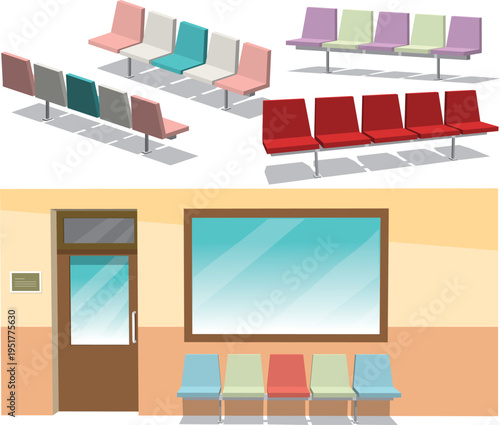 This set of drawings showcases a variety of waiting room chair arrangements and a stylized waiting area interior. 