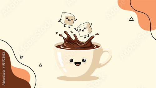 Charming coffee cup character with a happy face is shown as two cubes of sugar jump into the dark liquid making a splash.