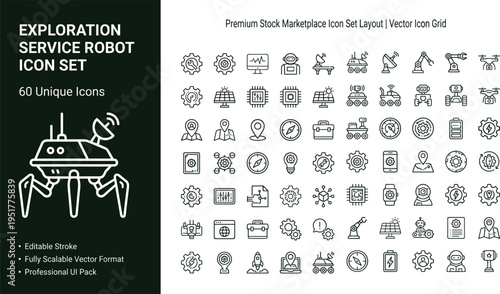 Exploration service robot icon set with smart robotics automation technology symbols for mobile apps websites dashboards and digital platforms