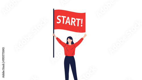 Energetic young woman holding up a large red flag with the word START! to signal the beginning of a race or project.