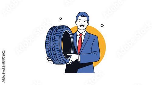 Professional businessman in a blue suit smiling while holding a large black car tire for an auto service or sales concept.