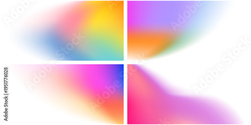 Set of abstract vibrant blurred gradients. Bright iridescent fluid liquid gradients. Decorative elements with transparent overlay effect for collage, template.Vector colourful blur garidents.