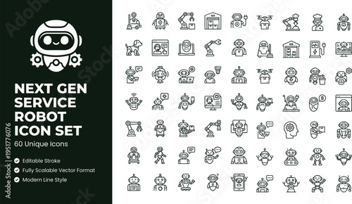 Next generation service robot icon set with smart automation robotics technology symbols for mobile apps websites dashboards and digital platforms