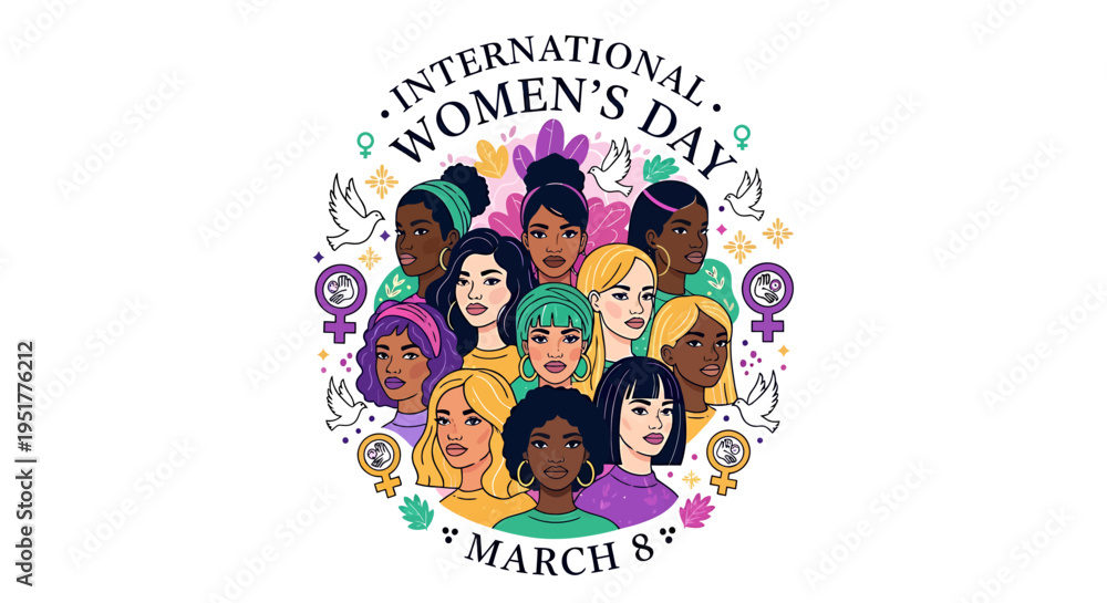 Naklejka premium A circular illustration celebrating international women's day with diverse women and peace symbols