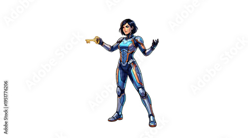 Futuristic female explorer in advanced protective suit holding a golden key, symbolizing discovery and innovation