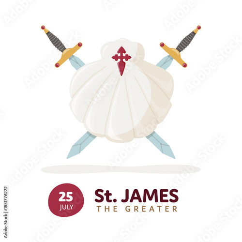 Symbols of Saint James apostle. Scallop shell, cross and swords