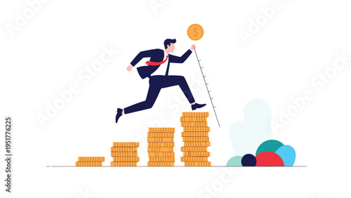 Motivated businessman jumping across stacks of gold coins using a ladder to reach a higher financial goal and wealth.