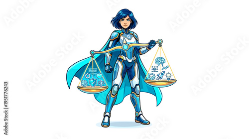 A powerful female figure embodies the critical balance between technological advancement and humanistic values, symbolizing justice and ethical considerations in the digital age