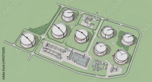 Aerial view of an industrial oil storage facility.