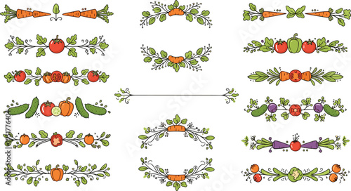 Hand drawn vector illustration set of decorative dividers and borders featuring tomatoes carrots cucumbers and peppers for organic kitchen and garden menu designs.