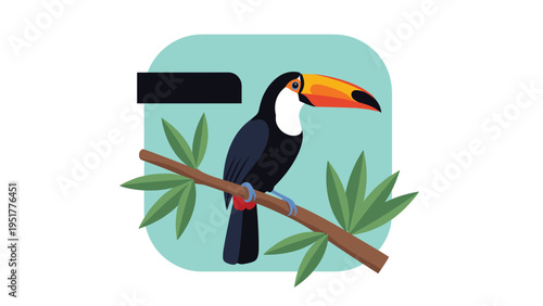 Exotic toucan with a bright orange beak sits on a tropical branch against a soft blue background in a modern icon style design.