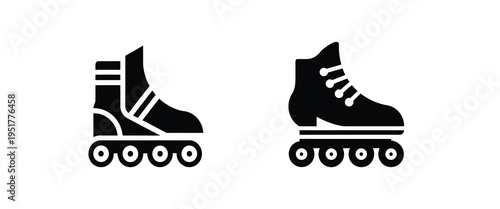 Roller skates and inline skating silhouette icon featuring sports footwear for fitness training hobby outdoor activity, more vector illustration.