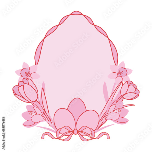 Oval Easter egg frame with space for text, decorated with stylized tulips and daffodils on sides and three eggs with ribbon bow at bottom. Perfect template for greeting cards and invitations.