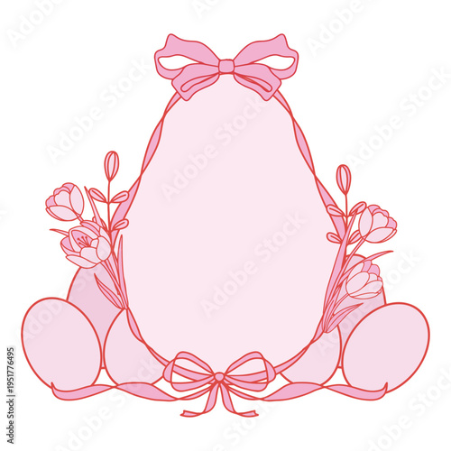 Decorative Easter egg shaped frame with ribbon bows on top and bottom, complemented by floral elements on the sides. Elegant illustration perfect for greeting cards, invitations and holiday banners.