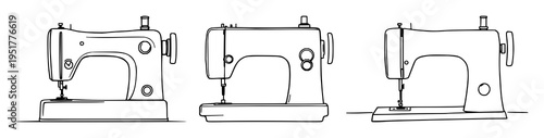 Sewing machine set with continuous line art drawing style featuring abstract and old style design with minimalist and linear sketch