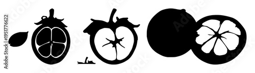 Mangosteen cross-section set with solid black silhouette on white background featuring laboratory-grown, exotic, future food with fruit and biology