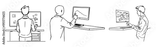 Person interacting with floating 3D interface set with abstract line art featuring futuristic workstation, digital UI, ergonomics with minimalism and white background