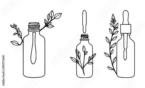 Serum dropper set with minimalist line art of a botanical sprig featuring clean beauty, cosmetics, and skincare with white background and illustration