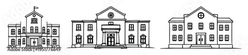 School building set with flat line art design depicting a college or university façade featuring education, college, university with vector and pictogram