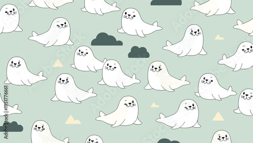 Cute seal pattern showcases adorable white seals with winking faces and tiny clouds scattered across a soft sage green background.