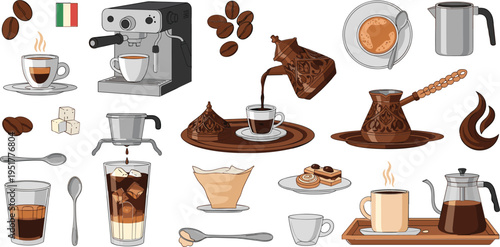 Coffee Brewing Methods and Drinks Collection with Espresso Machine, Turkish Coffee Pot, Pour Over, Latte, Beans and Cafe Equipment Vector Set
