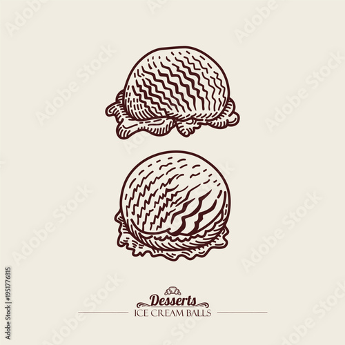 Two Balls of ice cream. Melting ice cream. Linear illustration, sketch style.