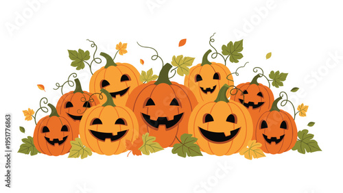 Halloween jack-o-lantern pumpkin group features various carved orange gourds with happy faces and green leaves on white ground.