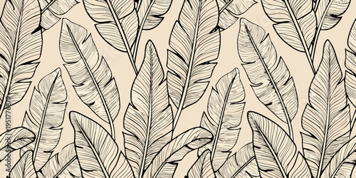 A seamless pattern of detailed stylized banana leaves in monochrome