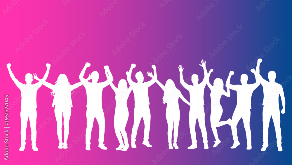 Obraz premium sagome, silhouette, gruppo di persone, felici, gioia, felicità, persone, gente felice