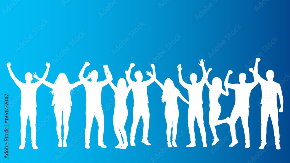 Obraz premium sagome, silhouette, gruppo di persone, felici, gioia, felicità, persone, gente felice