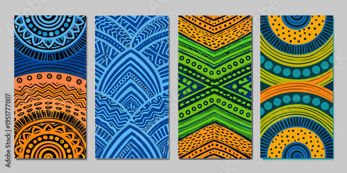 Four vibrant rectangular patterned bookmarks with ethnic and bohemian designs