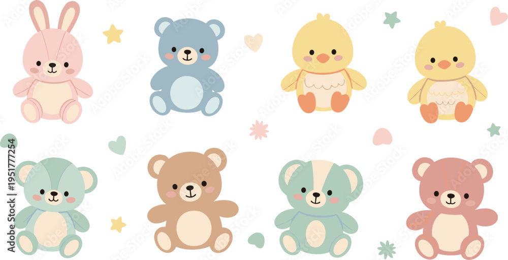 Fototapeta premium Cute Baby Animal Toy Illustration Set with Teddy Bears, Bunny and Chick, Soft Pastel Plush Characters for Kids Nursery and Children Design Collection