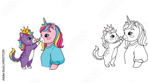 Cute Unicorn Kitten and Unicorn Girl Rubbing Noses - Fantasy Friendship