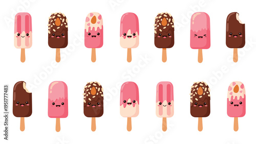 Kawaii ice cream popsicle collection displays rows of colorful frozen treats with cute smiling faces and different sweet toppings.
